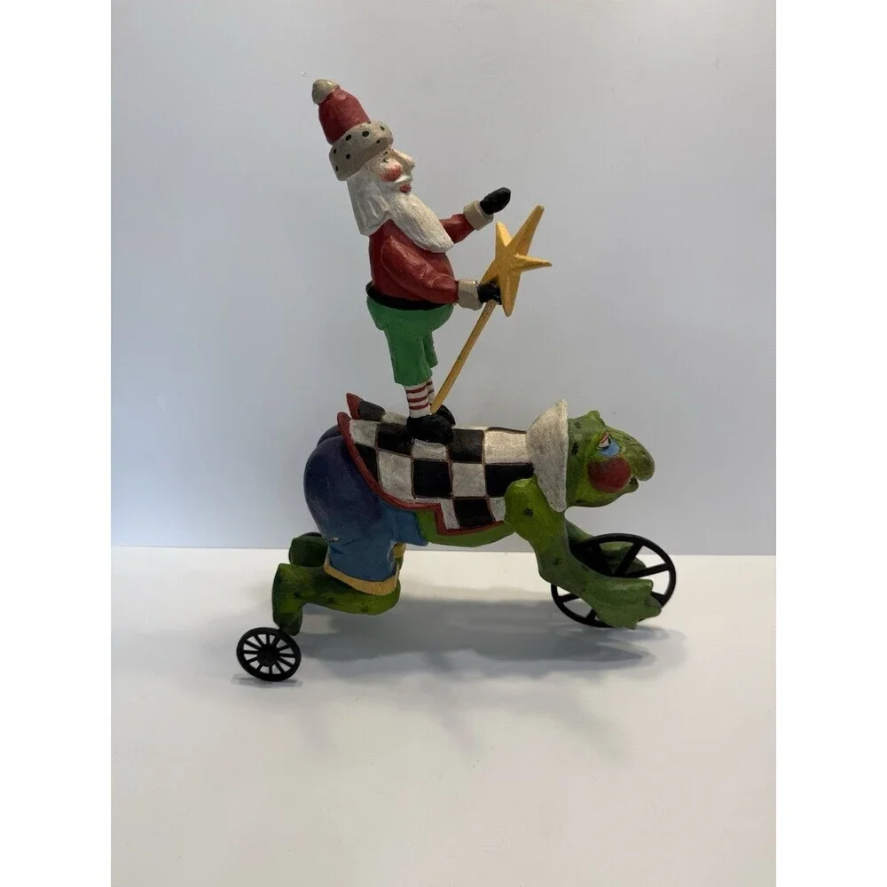 VINTAGE FOLK ART SANTA ON RABBIT WOOD CARVING. PEGGY HERRICK